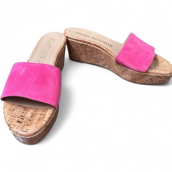 Stuart Weitzman Pink Suede Cork Platform Slide Sandals – Size 9B Retail $395 - Picture 1 of 5